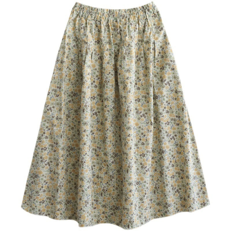 Floral Print Cotton Midi Skirt Elastic Waist Women's