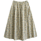 Floral Print Cotton Midi Skirt Elastic Waist Women's