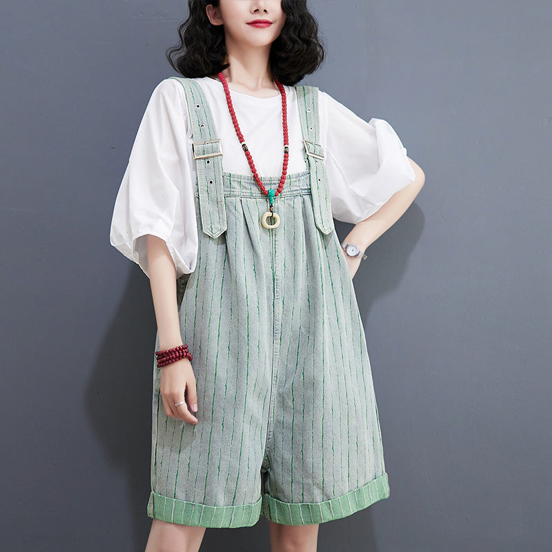Women's Striped Denim Shortalls High Waist Wide Leg - Summer Casual Urban Overalls
