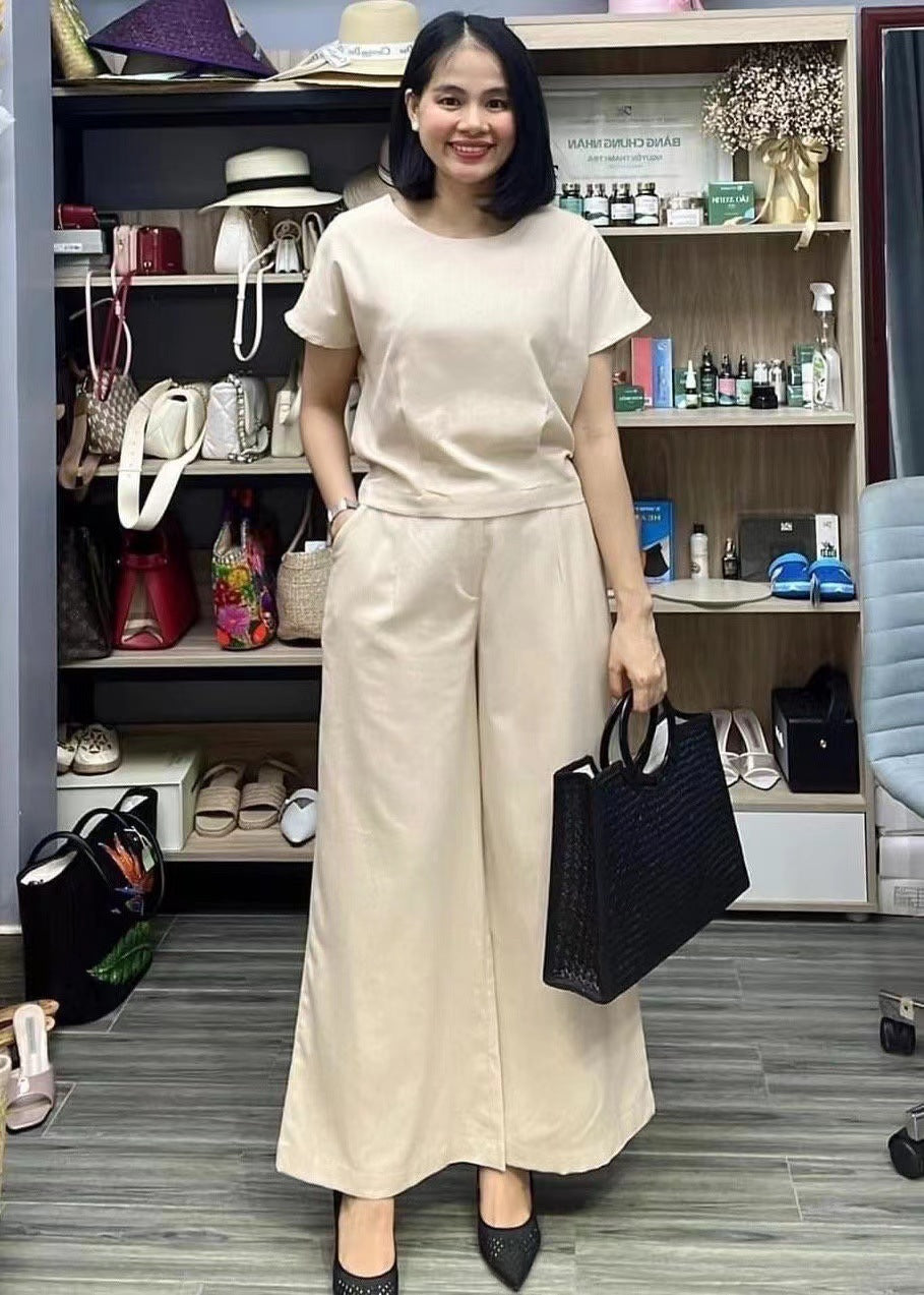 Cotton Linen Two-Piece Set Casual Loose Top Pants Outfit