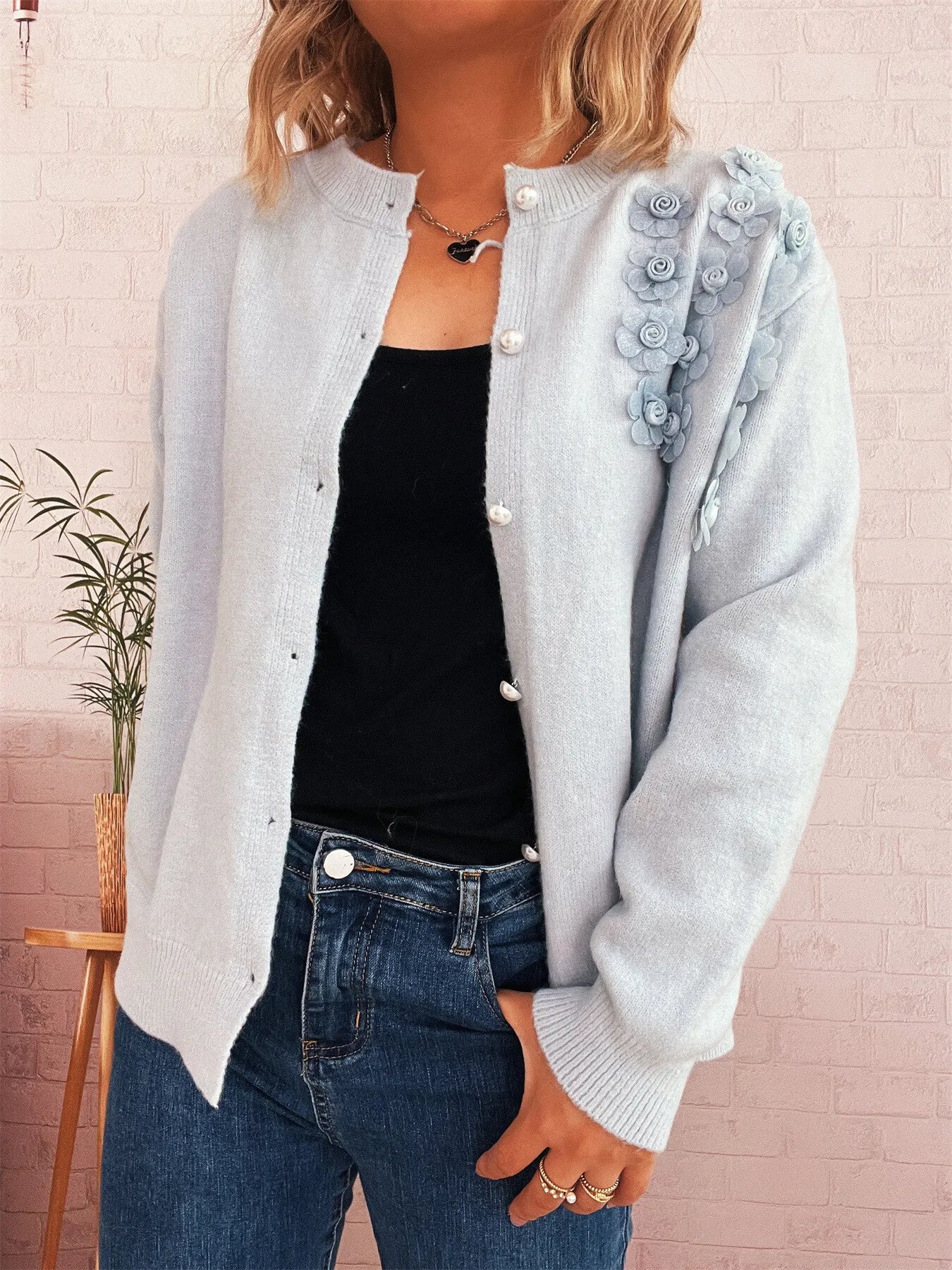 Sarah Express Women's Flower Button Up Long Sleeve Cardigan