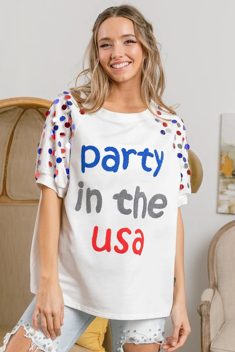 Sarah Express Women’s "Party In The USA" Spangle Puff Sleeve Top