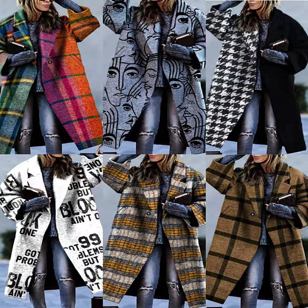 Women's Plaid Print Long Sleeve Coat Loose Fit Outerwear