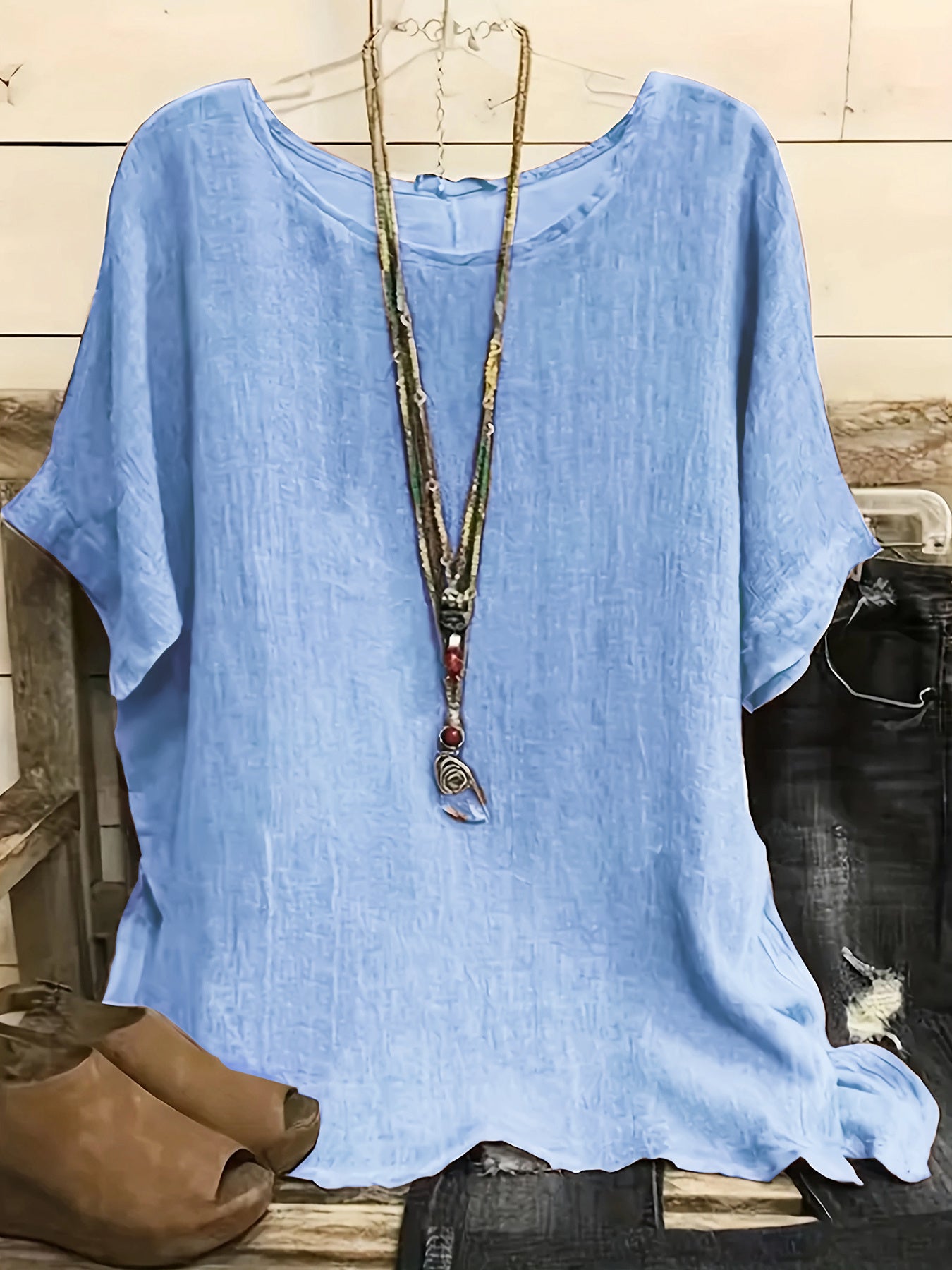 Women's Cotton Blend Round Neck Blouse 3/4 Sleeve Loose Fit Top