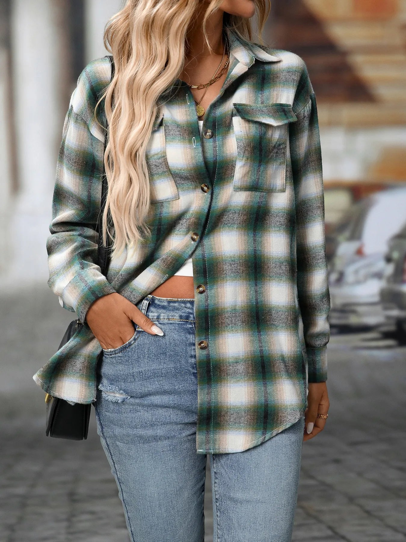 Sarah Express Women's Oversized Plaid Button-Up Shirt