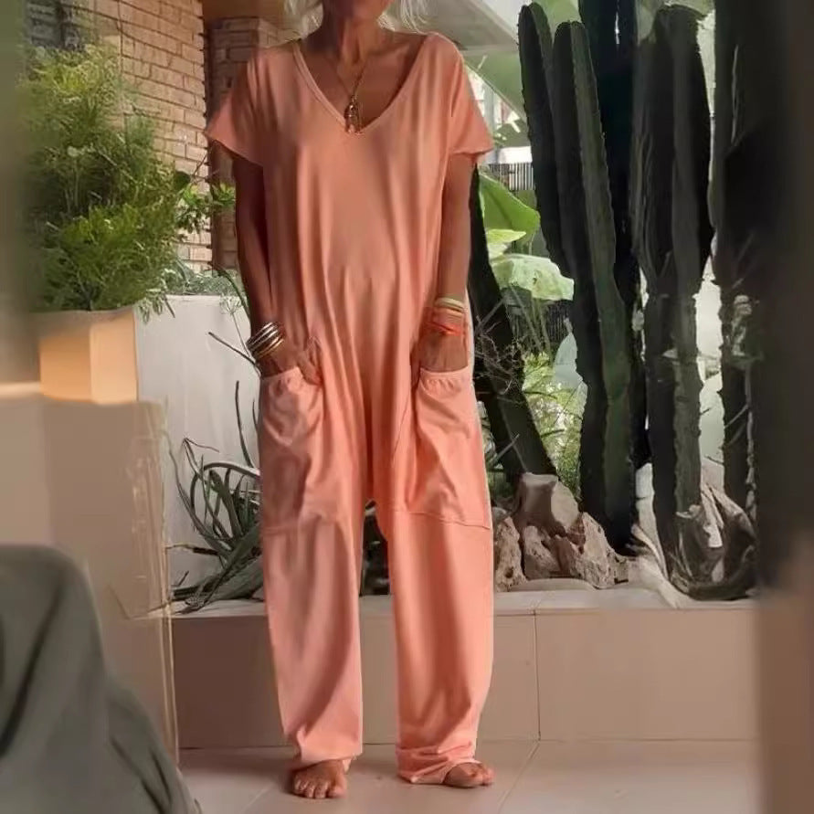 Women's V-Neck Oversized Jumpsuit Quarter Sleeve Pockets Casual Street Style Spring Summer