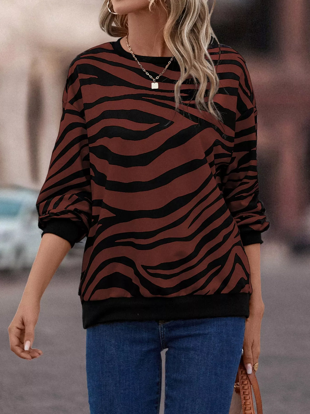 Sarah Express Women's Zebra Print Round Neck Casual Sweatshirt