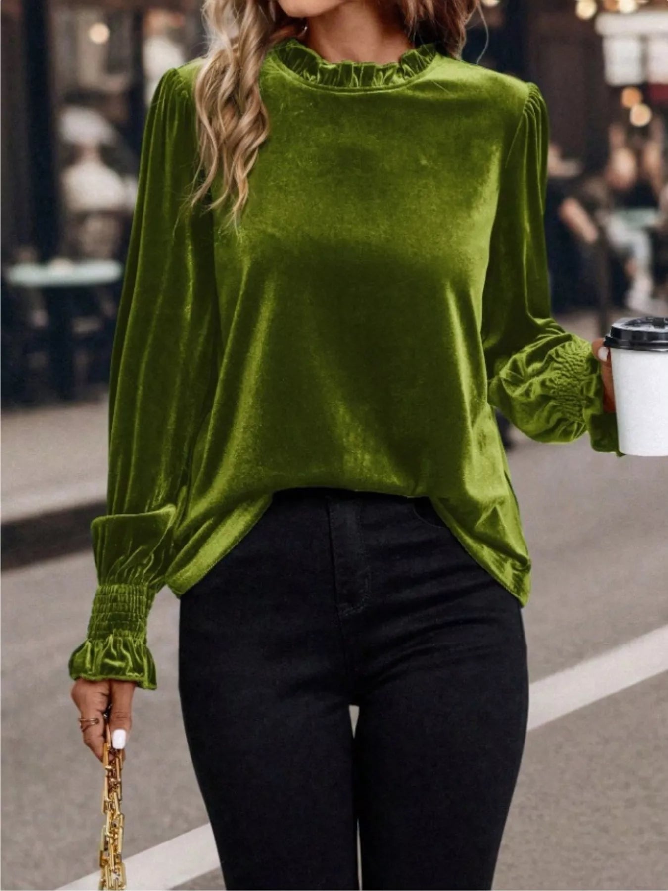 Sarah Express Women's Velvet Ruffle Trim Blouse