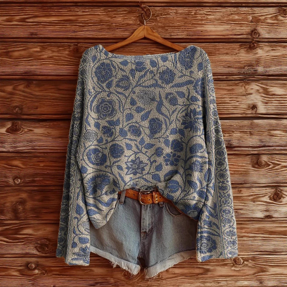 Women's Floral Printed Long Sleeve Pullover Top Brushed Loose Fit