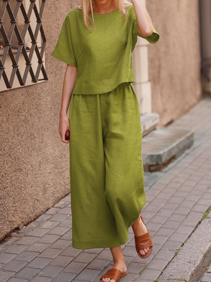 Cotton Linen Two-Piece Set Casual Loose Top Pants Outfit