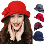 Women's French Style Retro Bowler Hat Dome Crown with Bow Accent Polyester