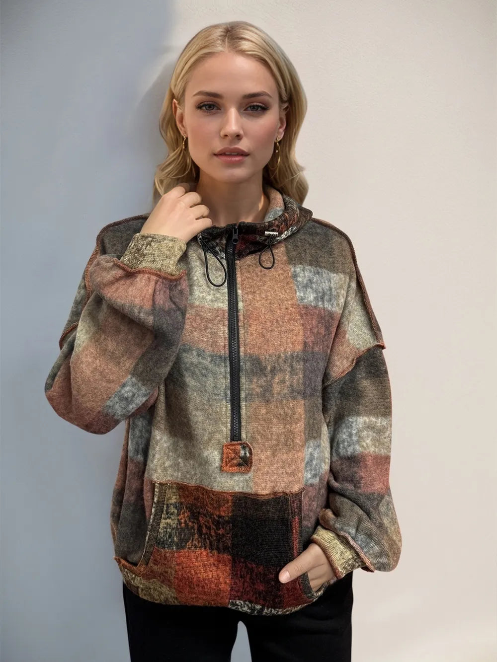 Sarah Express Women's Half Zip Exposed Seam Fleece Hoodie with Pockets Tangerine