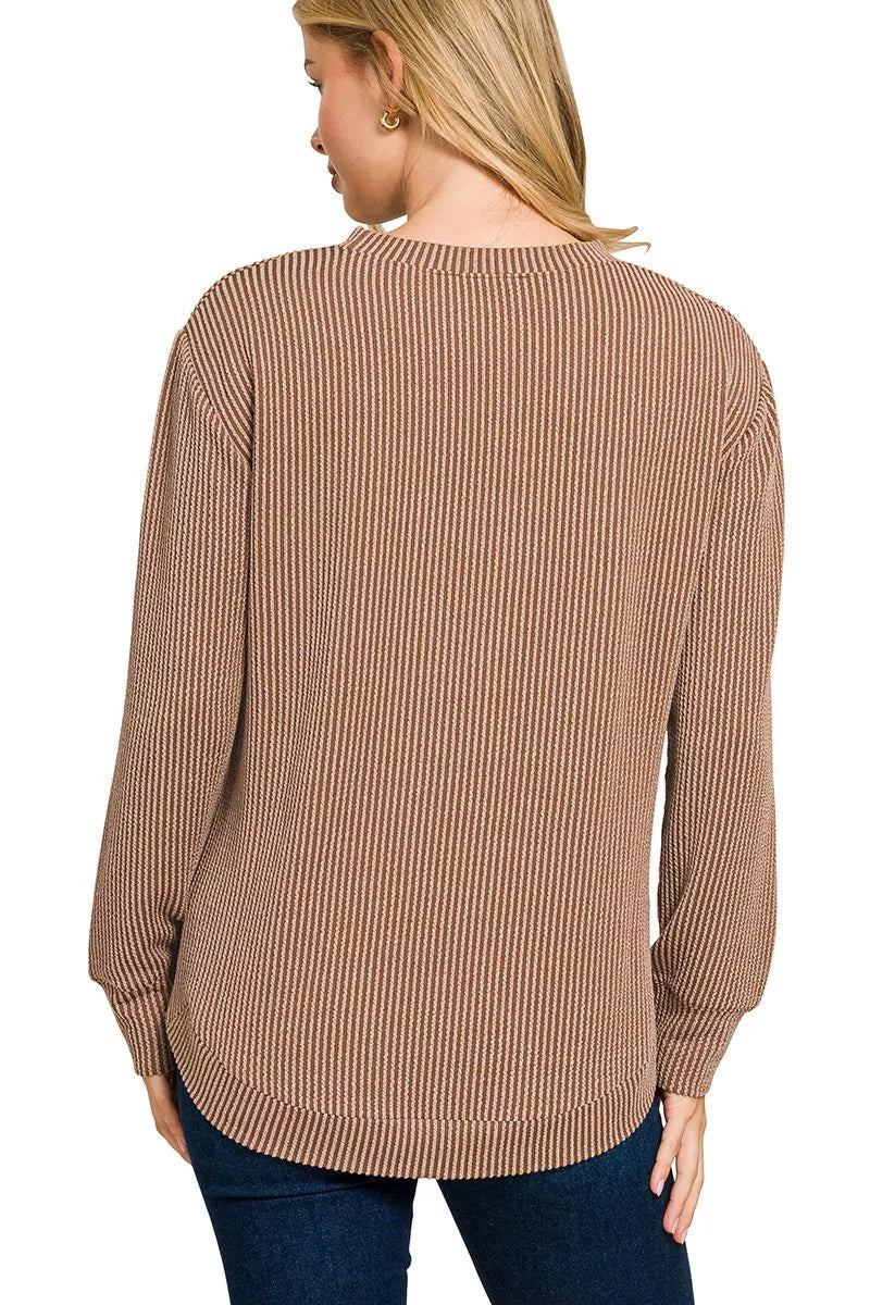 Sarah Express Women’s Plus Size Raised Rib Long Sleeve Top Casual All-Season