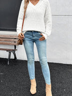 Sarah Express Women's Textured Knit Ribbed Edge V Neck Loose Sweater