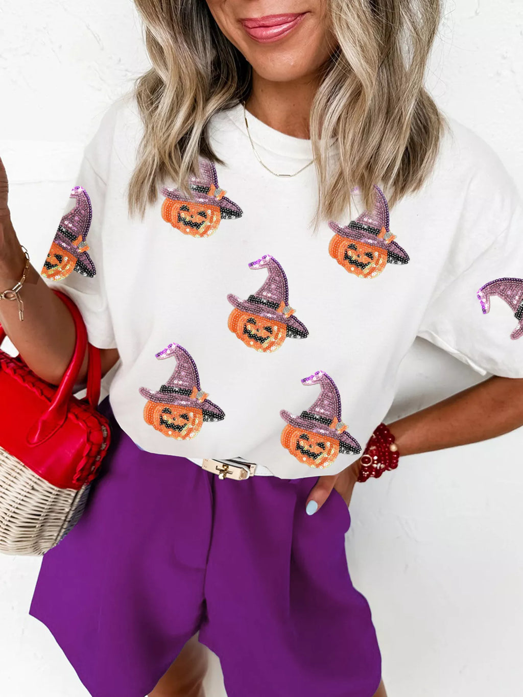 Sarah Express Women's Sequin Pumpkin Witch Halloween Tee White