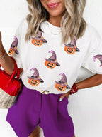 Sarah Express Women's Sequin Pumpkin Witch Halloween Tee White