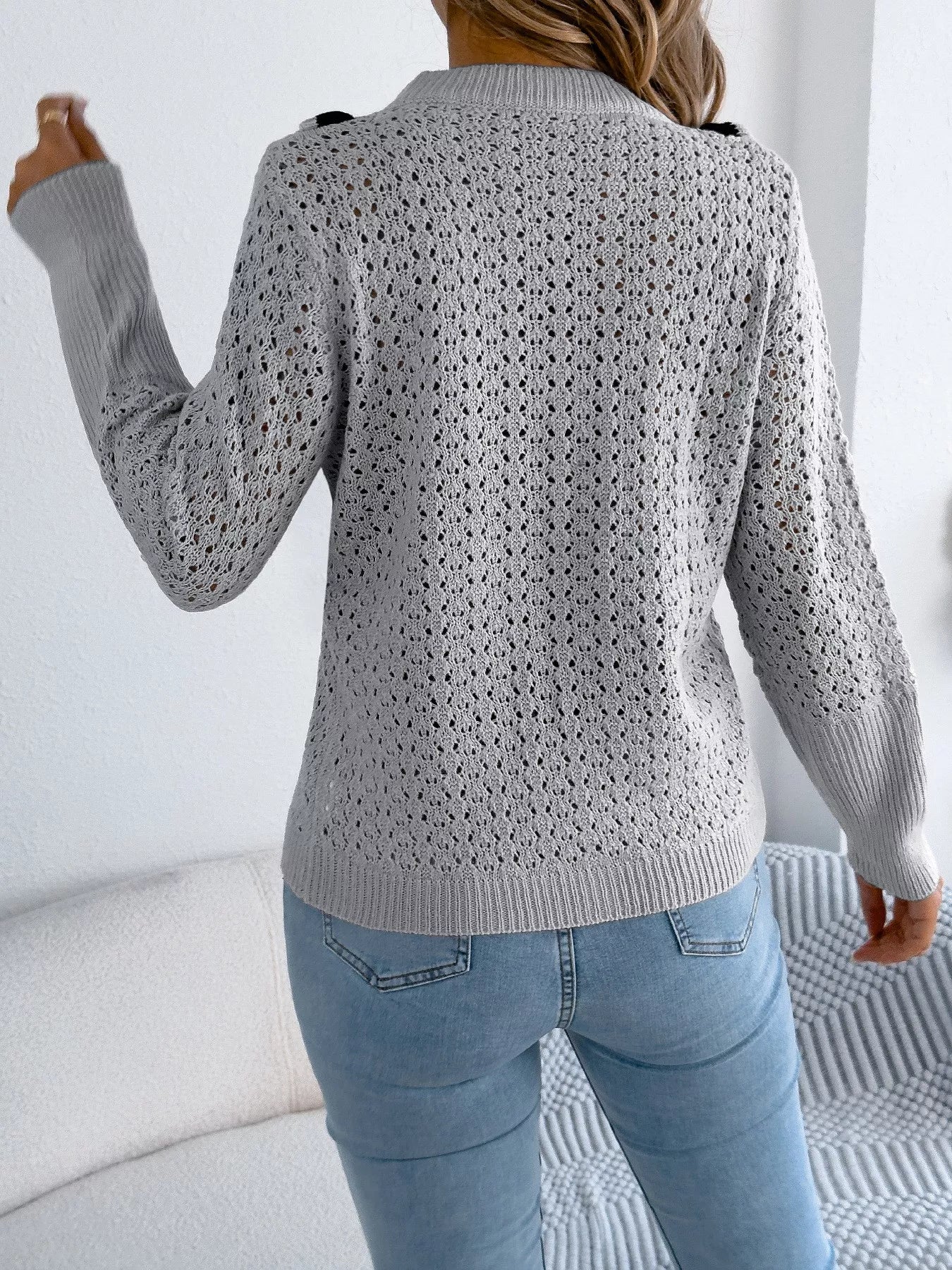 Sarah Express Women's Hollow-Out Knit Top with Contrast Trim