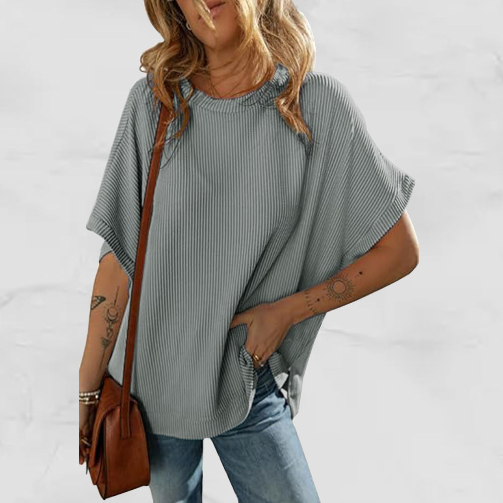 Solid Color Knitted T-Shirt Women's Half Sleeve Loose Casual Pullover Top
