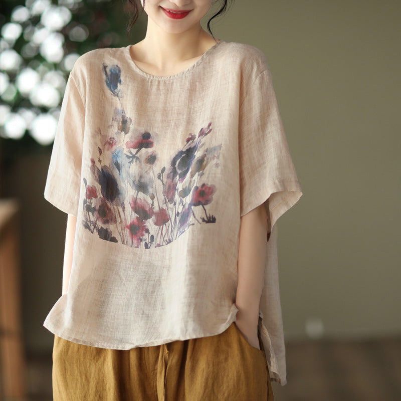 Vintage Ink Print High-Low Hem T-Shirt Hemp Blend Short Sleeve