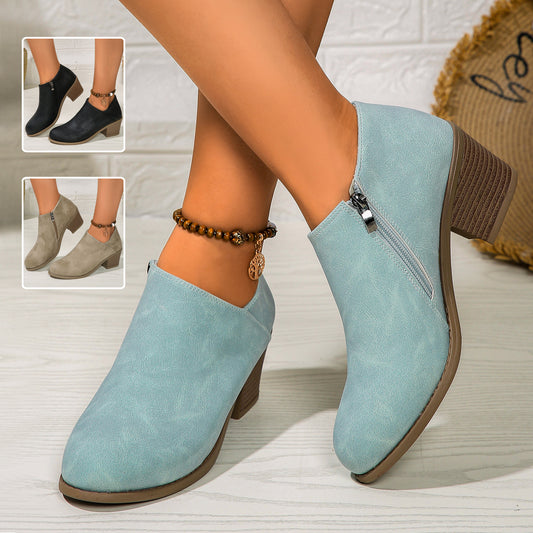 Sarah Express Women's Chunky Heel Round Toe Ankle Boots | Side Zipper Synthetic Leather Short Boots