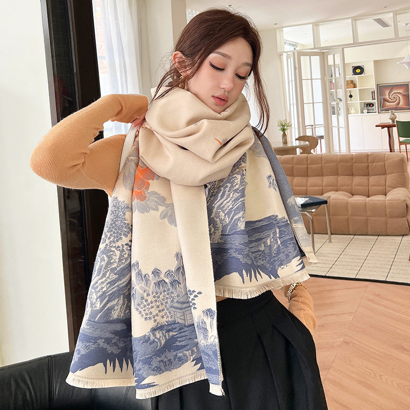Vintage Plum Scarf Women's Imitation Cashmere Thickened Winter Shawl Wrap