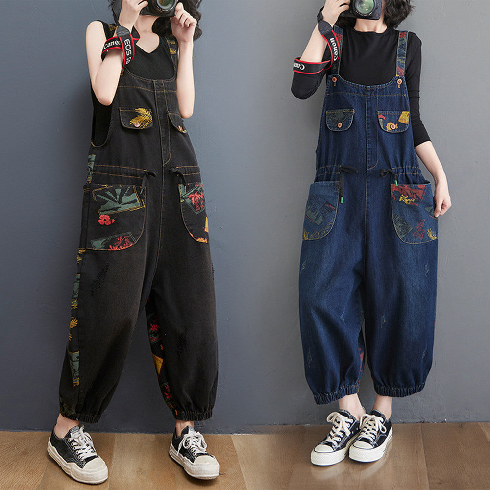 Floral Print Denim Overalls Plus Size Suspender Jeans Cropped