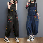 Floral Print Denim Overalls Plus Size Suspender Jeans Cropped