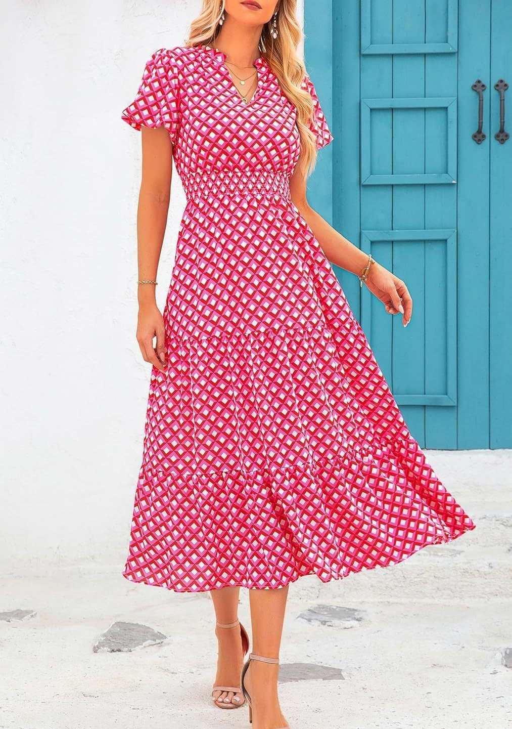 Floral V-Neck Bubble Pleated Maxi Dress Elastic Waist Short Sleeve