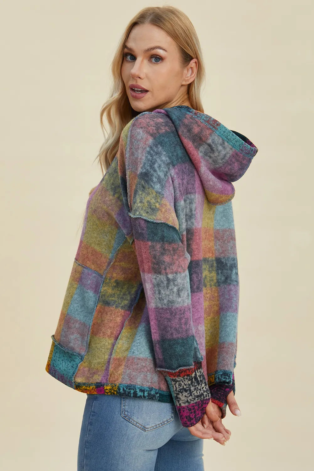 Sarah Express Women's Plaid Dropped Shoulder Fleece Hoodie