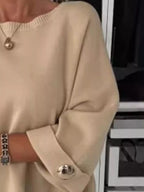 Sarah Express Women's Full Size Round Neck Drop Shoulder Top with Ribbed Trim Plus Size