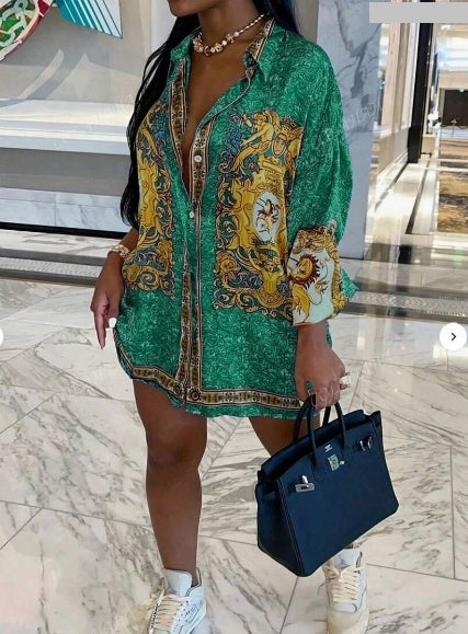 Women's Boho Geometric Print Button Front Shirt Dress with Asymmetrical Hem