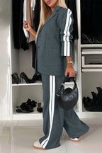 Sarah Express Women's Two-Piece Contrast Lapel Top and Pants Set Buttoned Pocketed Work Casual Outfit