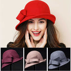 Women's French Style Retro Bowler Hat Dome Crown with Bow Accent Polyester