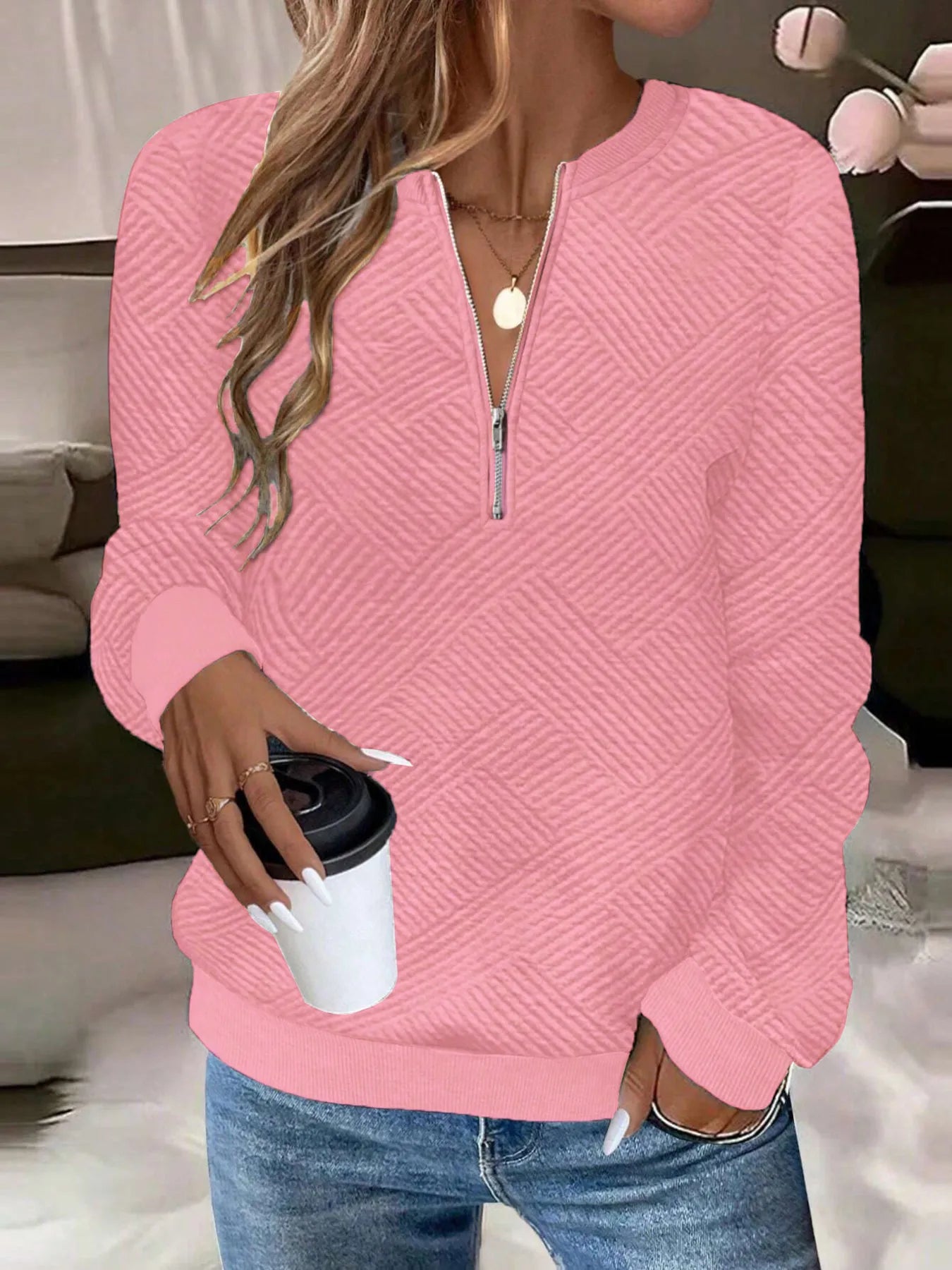 Sarah Express Women's Quarter Zip Textured Long Sleeve Sweatshirt Pink