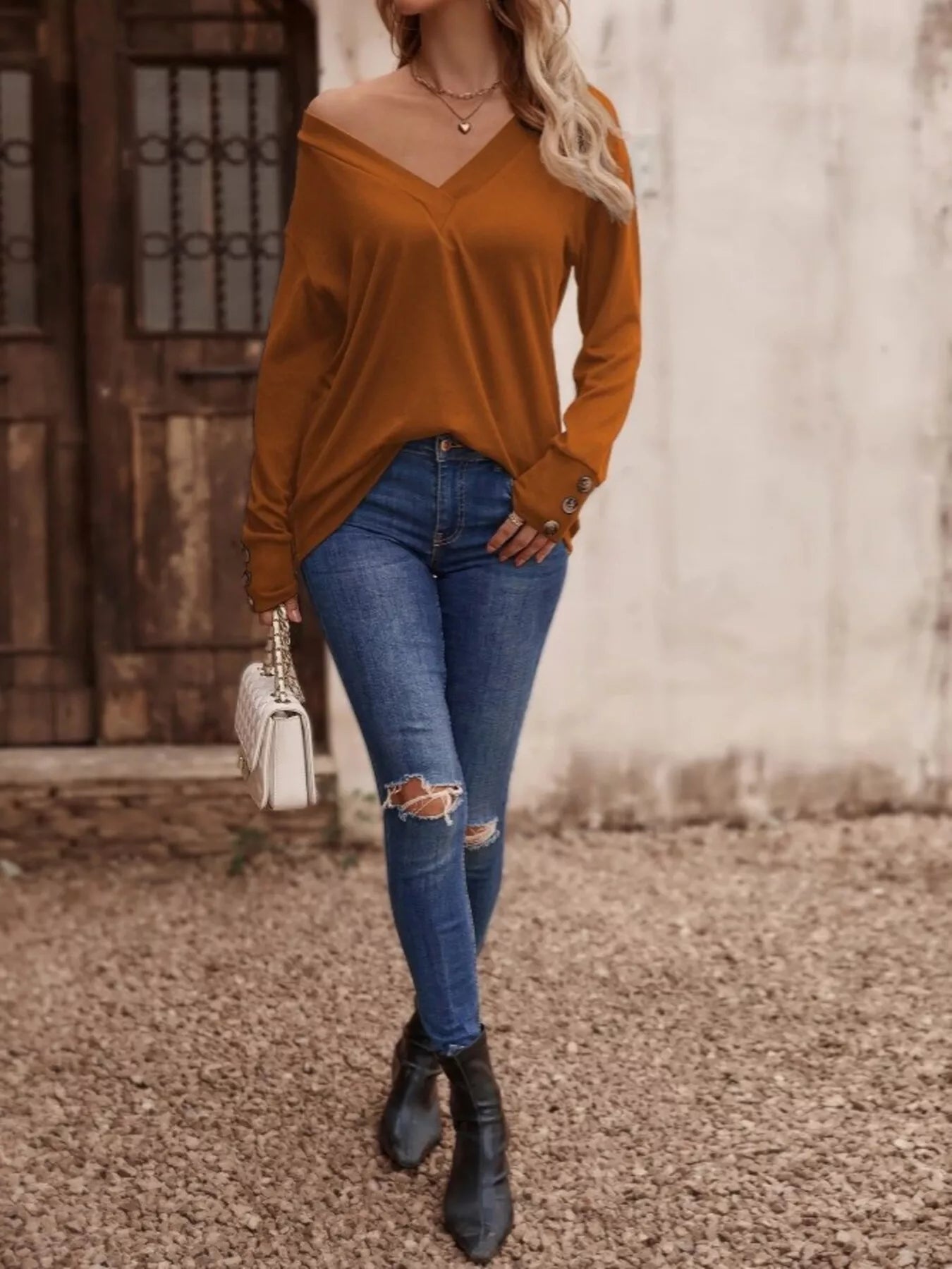 Sarah Express Women's V-Neck Long Sleeve T-Shirt - Button Detail Casual Top