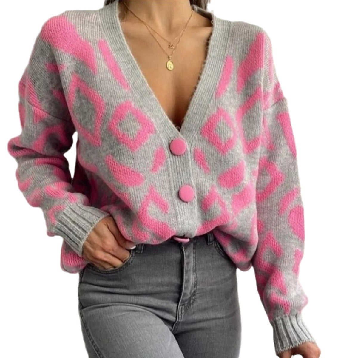 Women's Leopard Print Cardigan Sweater - V-Neck Button Front Knit