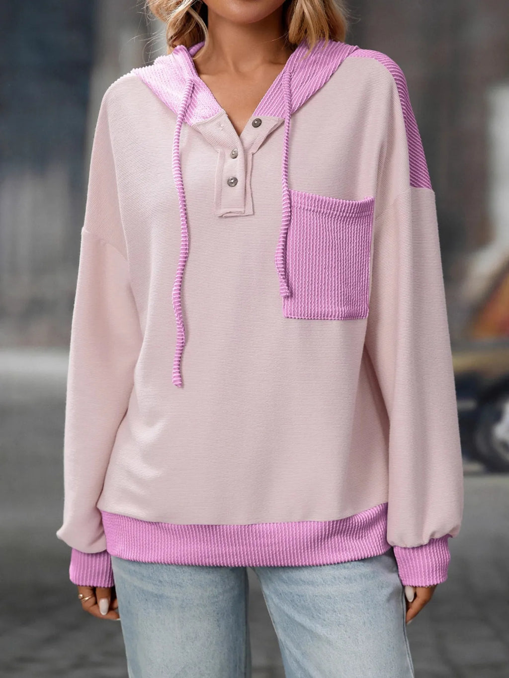 Sarah Express Women's Drawstring Button Detail Long Sleeve Hoodie