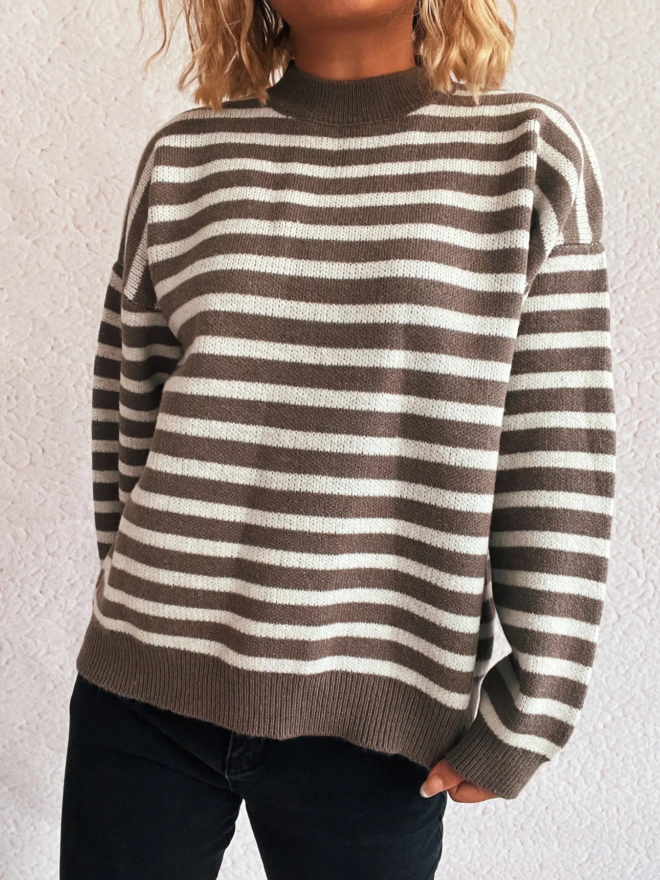 Sarah Express Women's Striped Mock Neck Long Sleeve Sweater - Oversized Ribbed Knit Top Gray Brown
