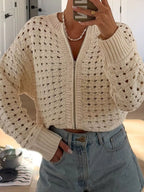 Sarah Express Women's Openwork Zip-Up Cardigan - Beige Acrylic Knit Sweater