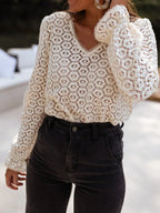 Sarah Express Women's Crochet Lace V-Neck Long Sleeve Blouse