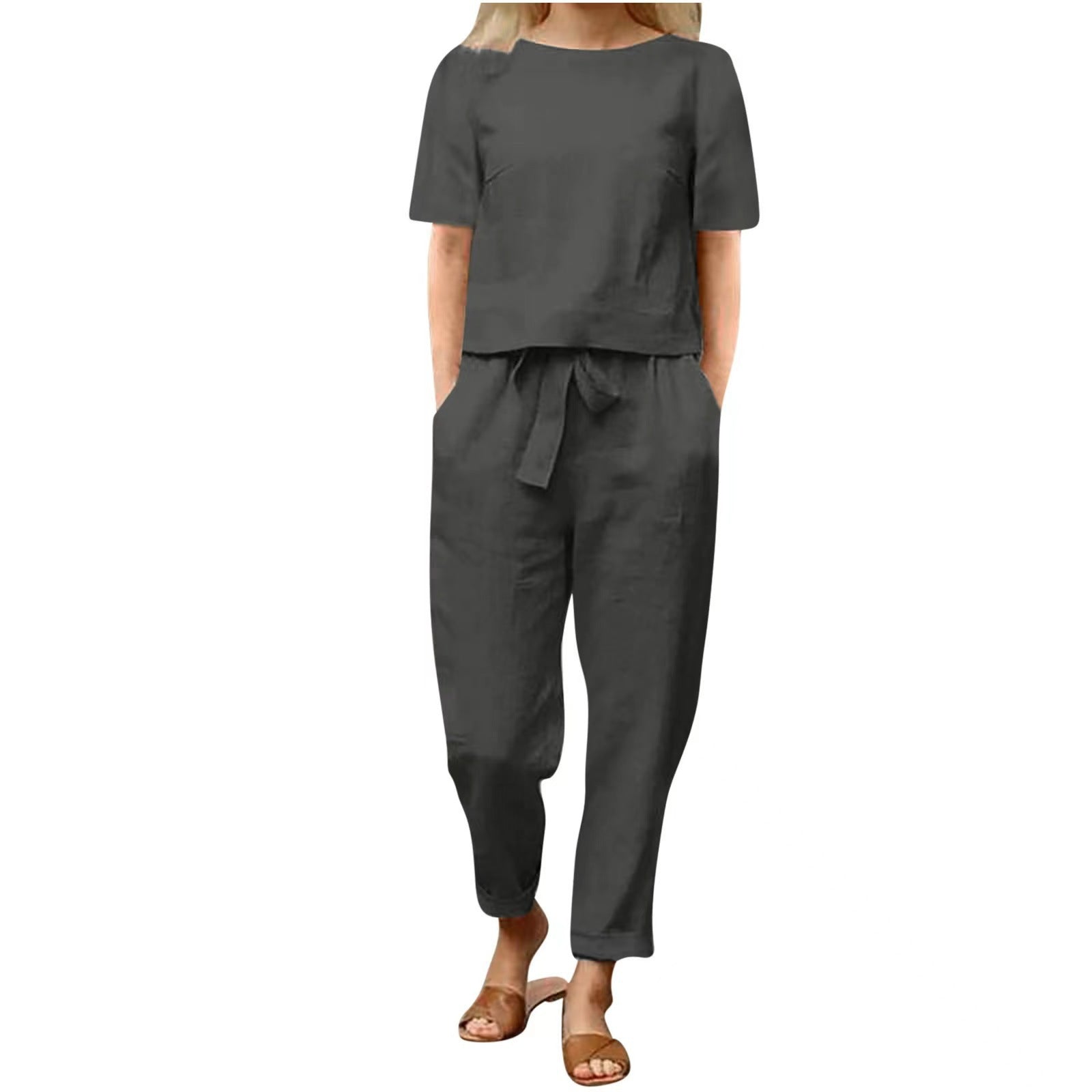 Women's Cotton Linen Top and Wide-Leg Pants Two-Piece Casual Set