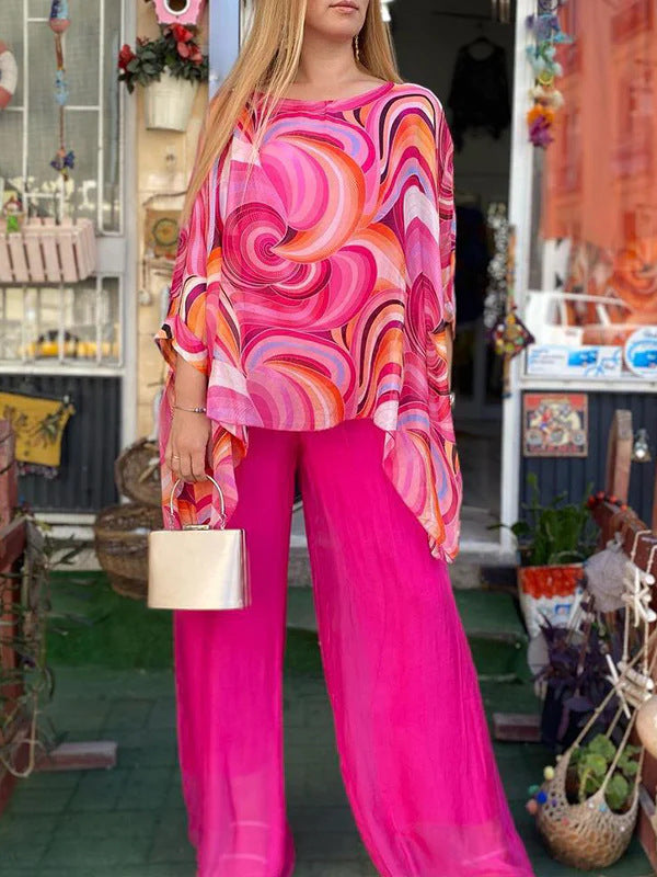 Printed Chiffon Two-Piece Set Round Neck 3/4 Sleeve Top Pants Suit