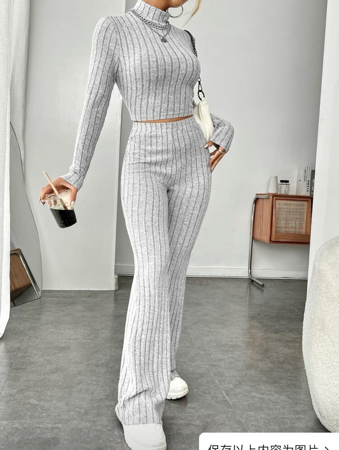 Women's Turtleneck Top and Wide Leg Pants Two-Piece Set Cotton Loungewear Suit