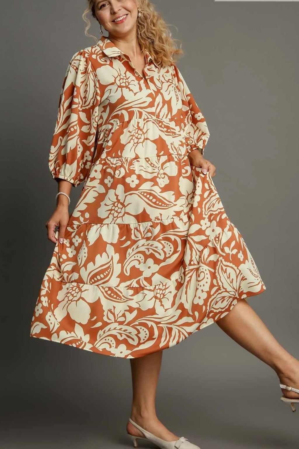 Sarah Express Women’s Plus Size Floral Tiered Midi Shirt Dress