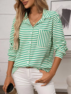 Sarah Express Women's Striped Button Up Long Sleeve Shirt Green