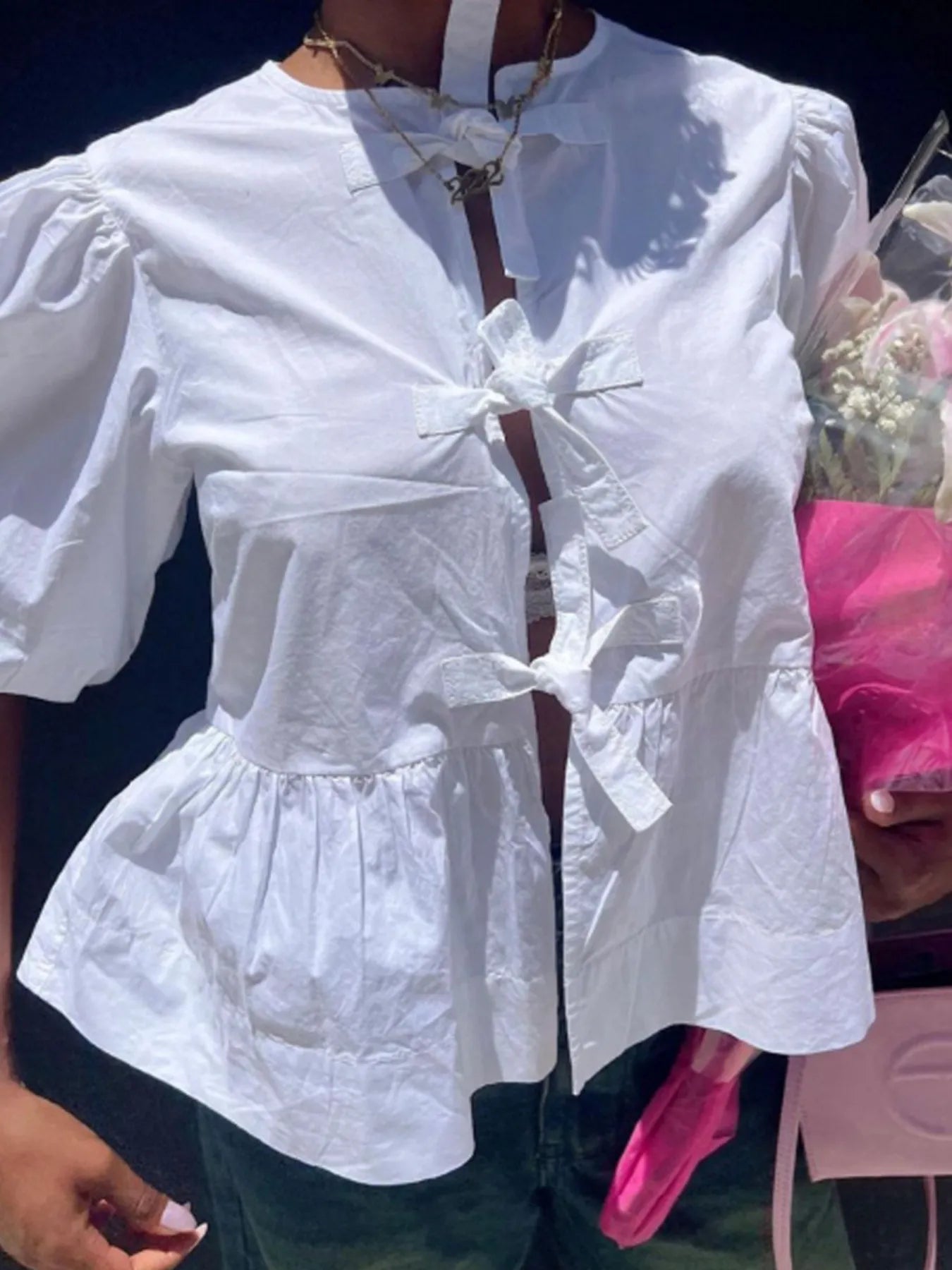 Sarah Express Women's Puff Sleeve Bow Tie Blouse