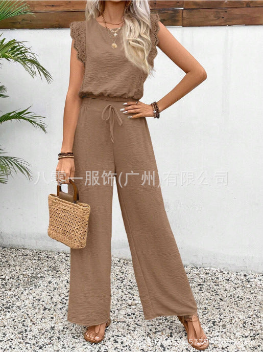 Sleeveless Vest Trousers Two Piece Set Lace Detail
