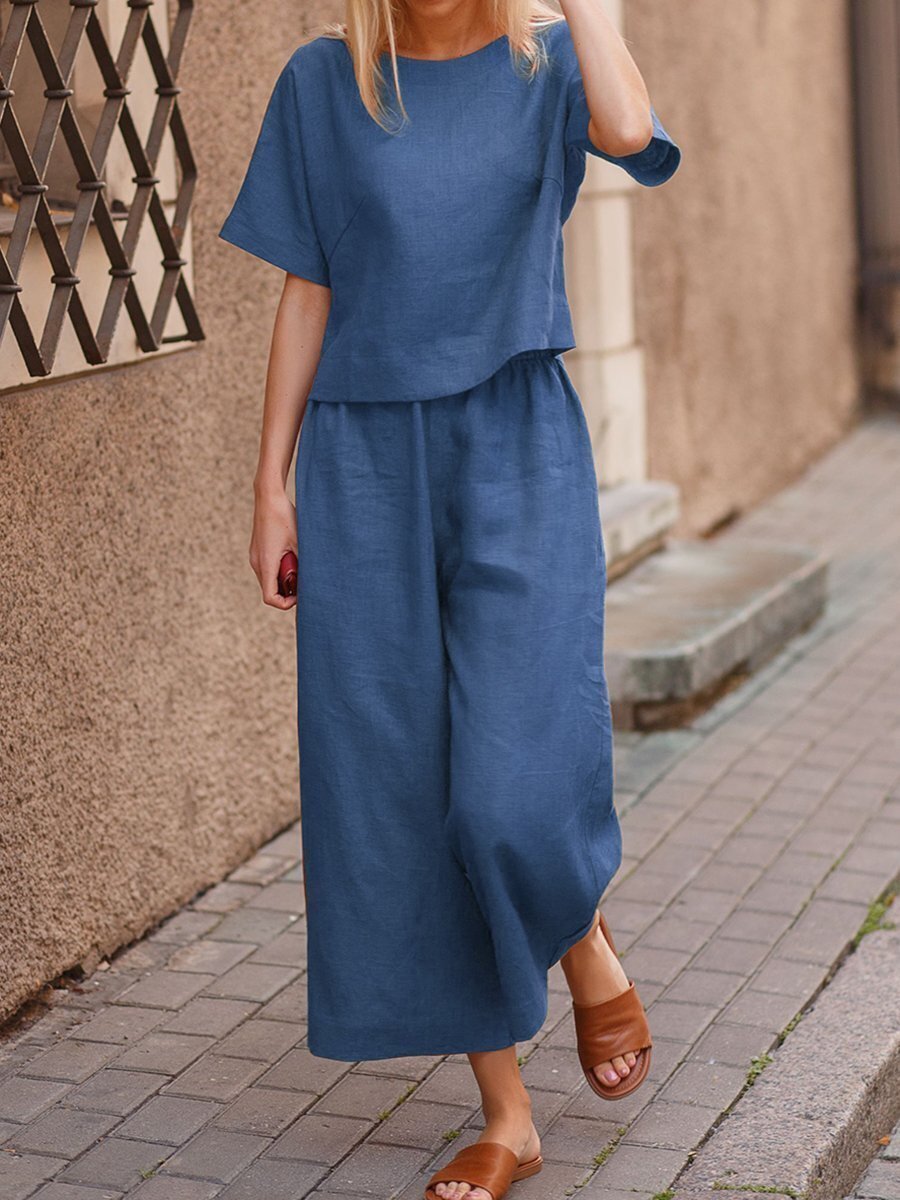 Cotton Linen Two-Piece Set Casual Loose Top Pants Outfit