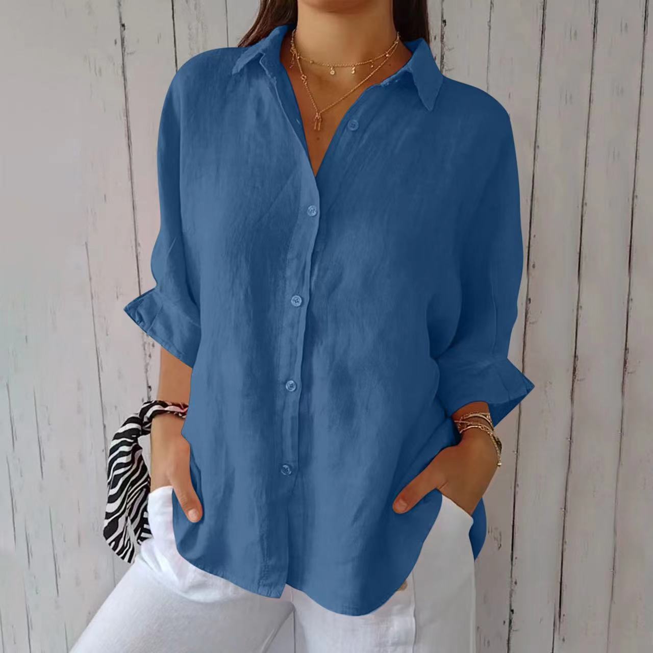 Women's Lapel Long Sleeve Pleated Button Front Shirt Blouse