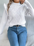 Sarah Express Women's Mock Neck Ruffle Trim Long Sleeve Cable Knit Sweater